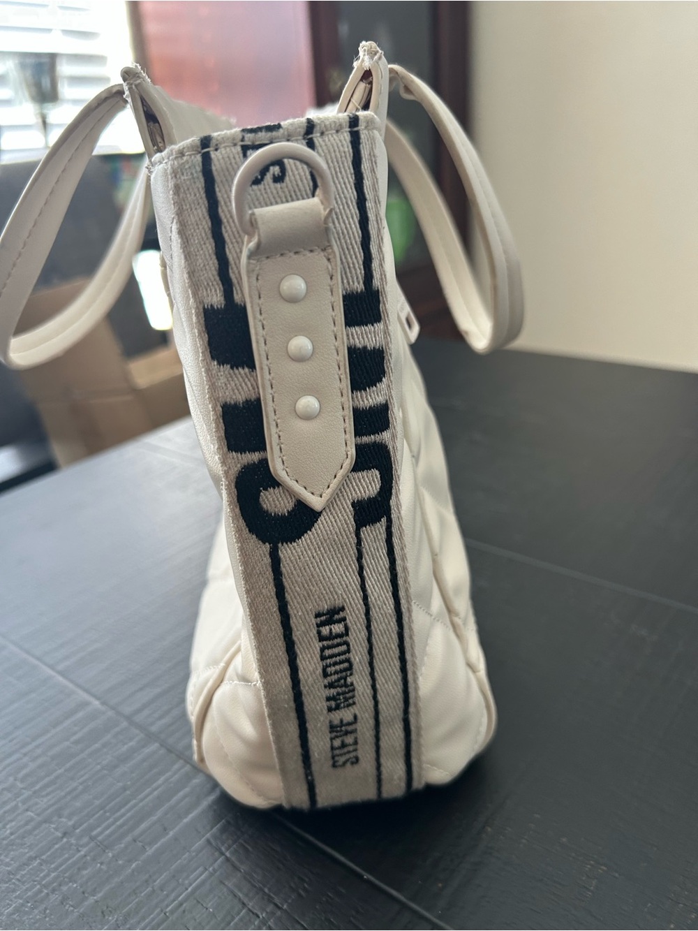 Steve Madden Cream Quilted Tote with Logo and removable  cross body strap - Picture 8 of 14